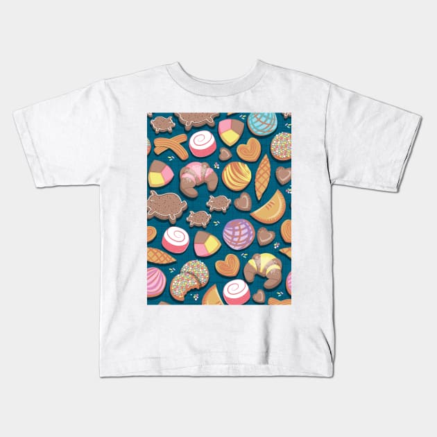 Mexican Sweet Bakery Frenzy // pattern // turquoise background pastel colors pan dulce Kids T-Shirt by SelmaCardoso